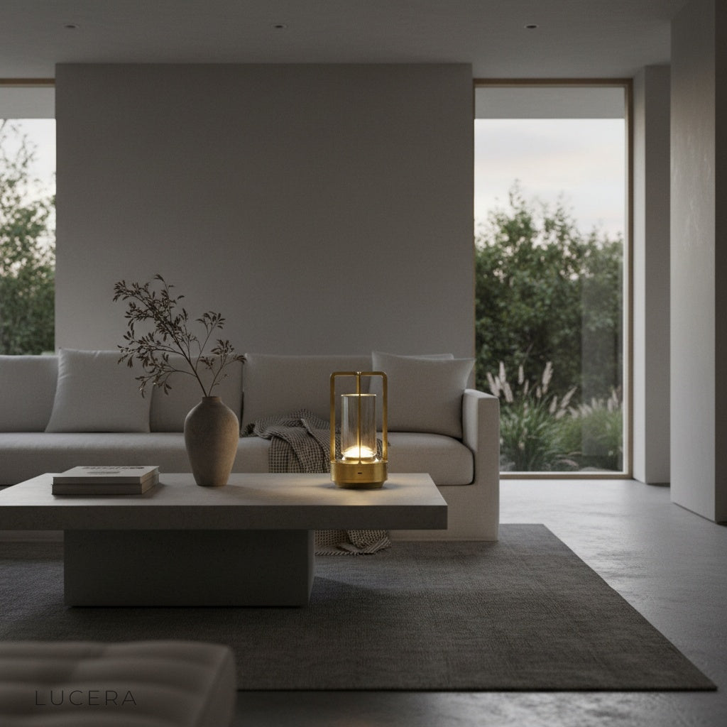 Karmelite Table Lamp casting soft shadows on textured wall in evening reading nook