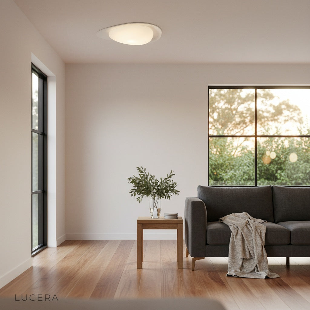 modern resin ceiling light above bedside table in stylish bedroom decor