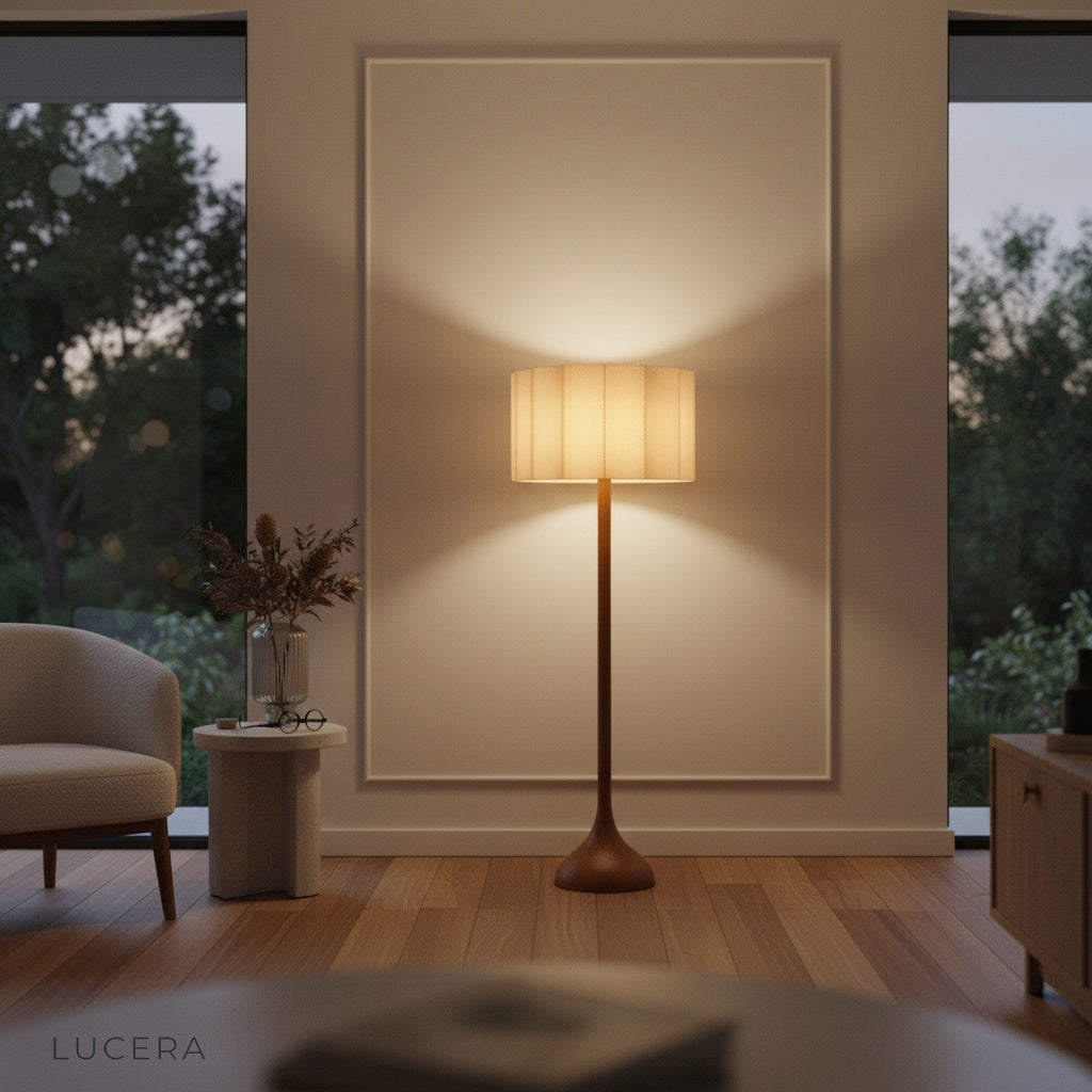 Alchemy Floor Lamp glowing softly in cozy reading corner at dusk