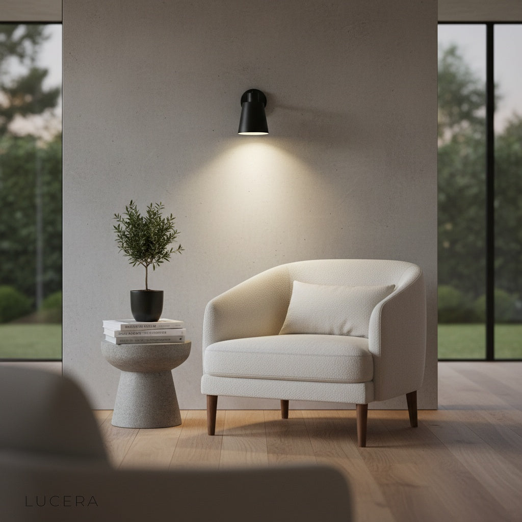 zircon wireless lamp in warm ambient setting above minimalist sofa
