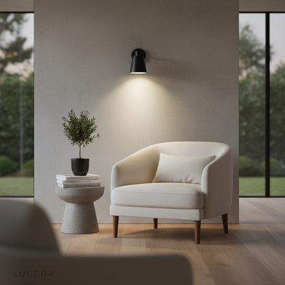 zircon wireless lamp in warm ambient setting above minimalist sofa