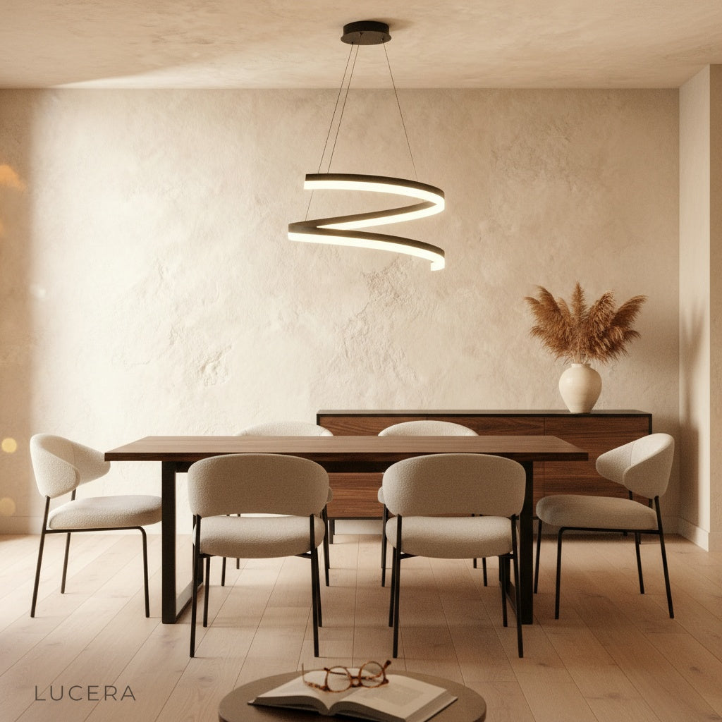 Hypnotize pendant light in entryway foyer with high ceiling and neutral decor