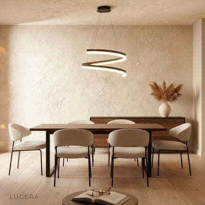 Hypnotize pendant light in entryway foyer with high ceiling and neutral decor