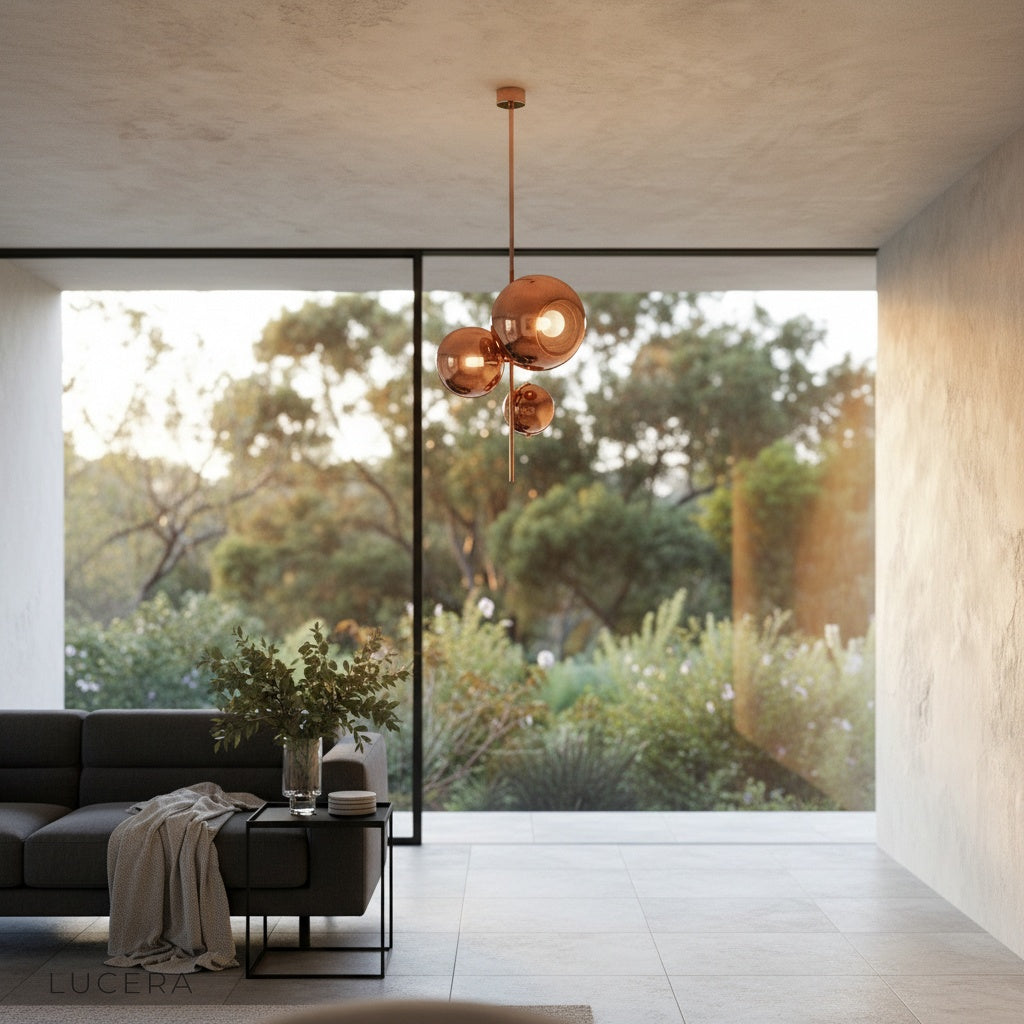 transcendent pendant light casting a cozy glow in a modern living room at dusk