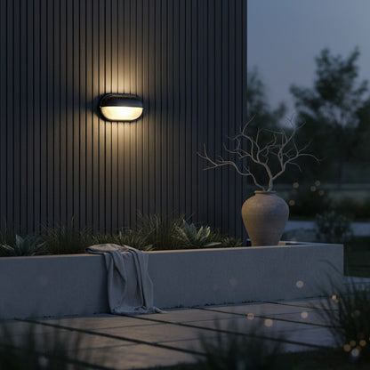 overhead angled view of Acolyte wall light on stucco wall near house number