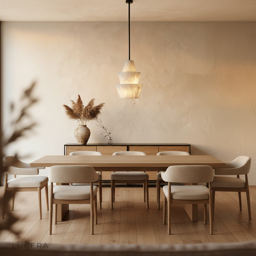 Fillet Alabaster pendant light glowing in dark moody bedroom corner with sheer curtains