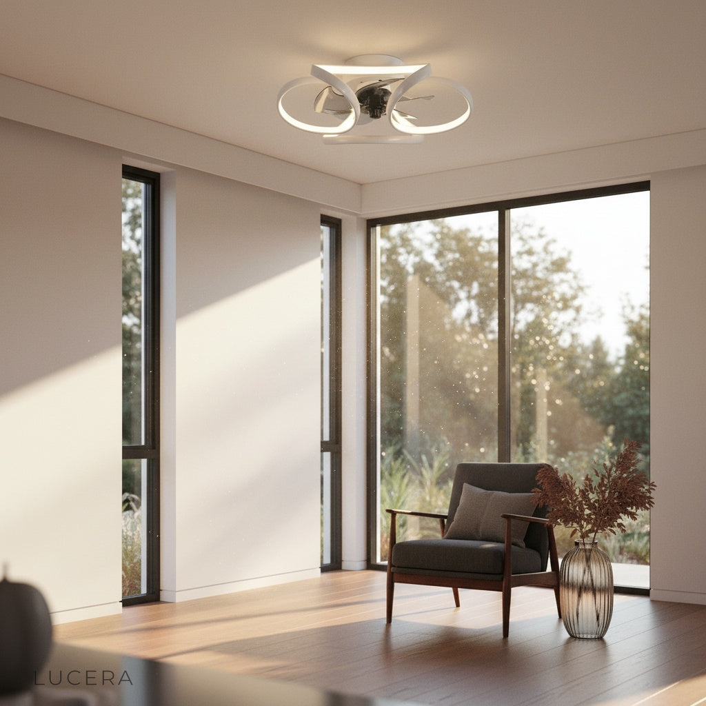Lucera Valentin fan light in airy Scandinavian-style bedroom with neutral decor