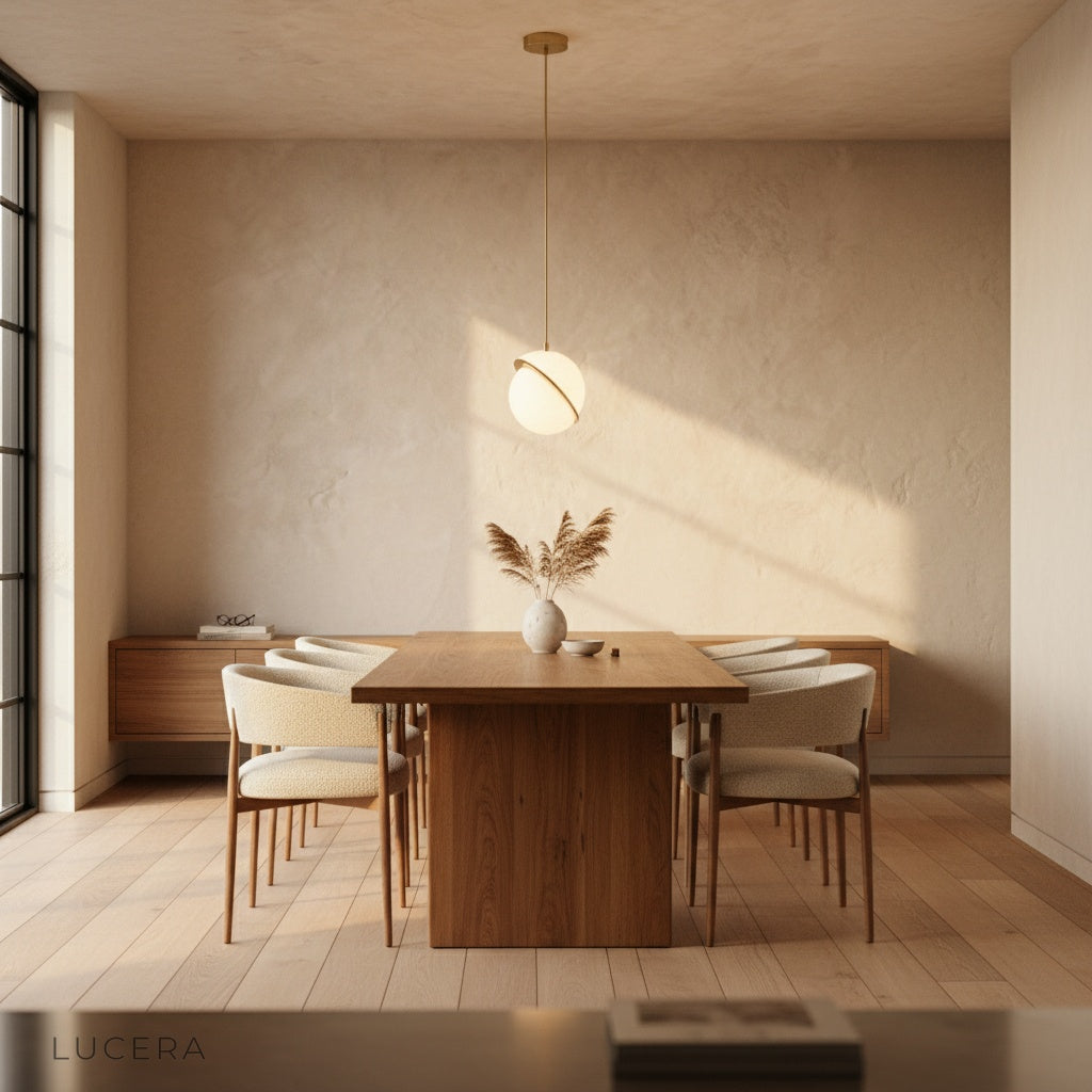 Igneous pendant light over bedside table in serene hotel-style bedroom
