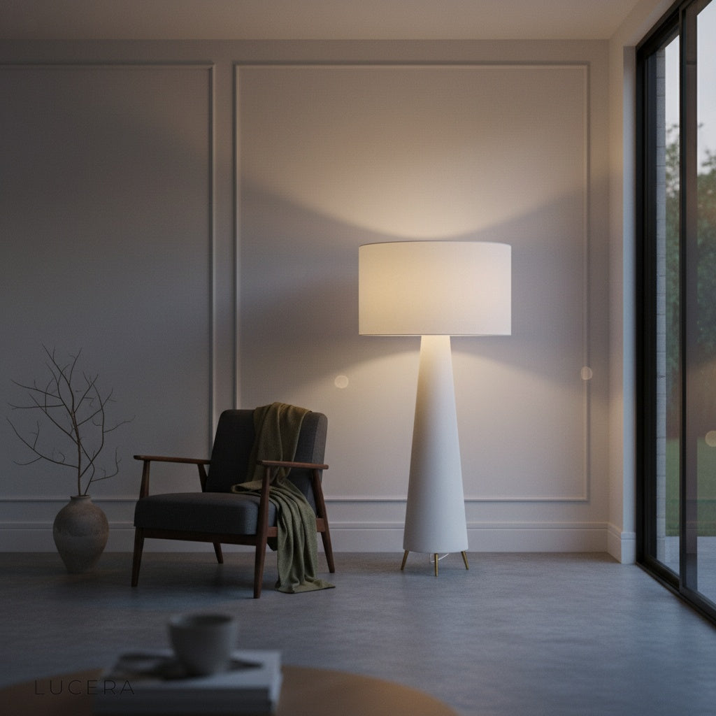 Quarters Floor Lamp in a sunlit reading corner with fabric shade and base complementing neutral decor tones