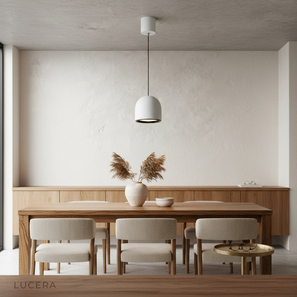 Trinity pendant light glowing at night in contemporary living room