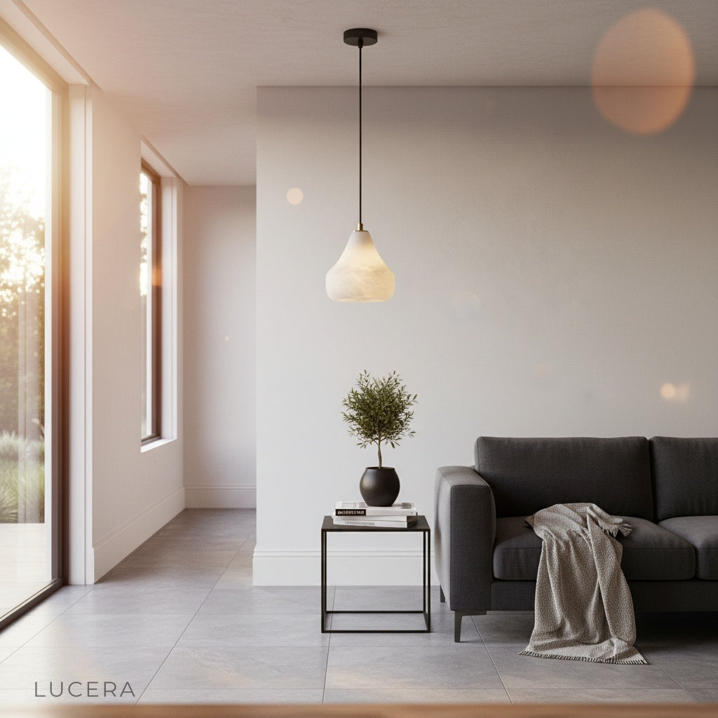 alabaster pendant light casting cozy ambient glow in evening bedroom