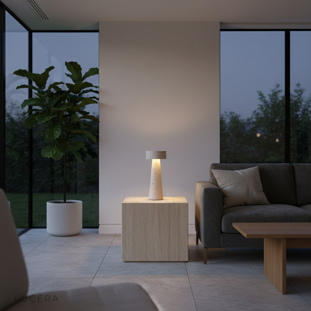 Yellow travertine table lamp illuminating dark walnut desk in home office setting