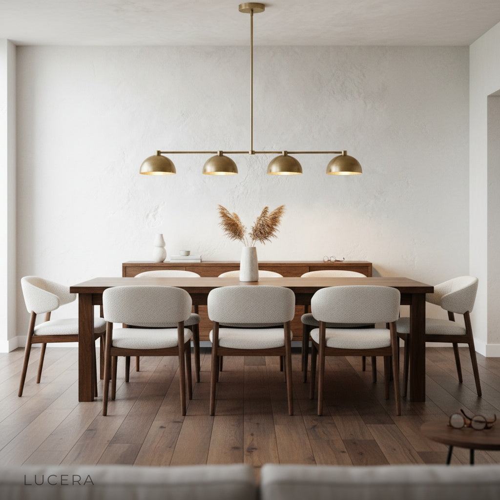 Ursule brass dome pendant light above kitchen counter with subtle reflective brass tones