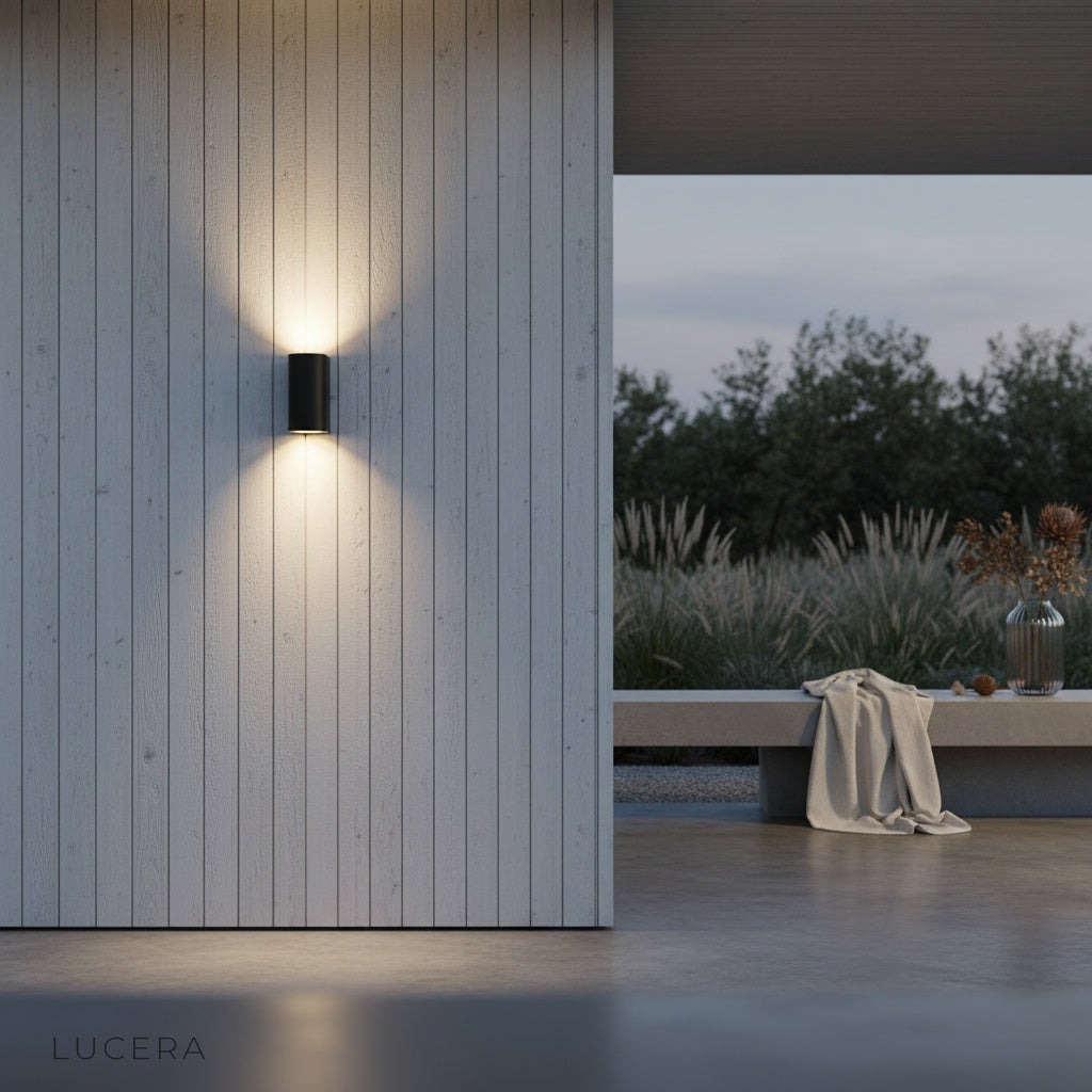 energy-efficient LED outdoor sconce glowing warmly on patio at night