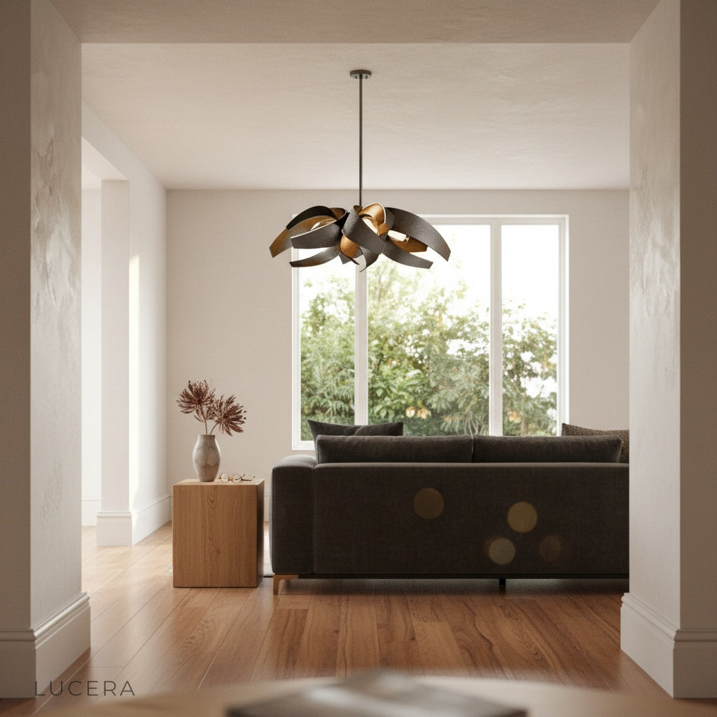 Incanto Chandelier casting intricate light patterns on a dark wall in a moody lounge setting