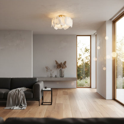 Fulgurant ceiling light in minimalist bedroom casting warm ambient light at night