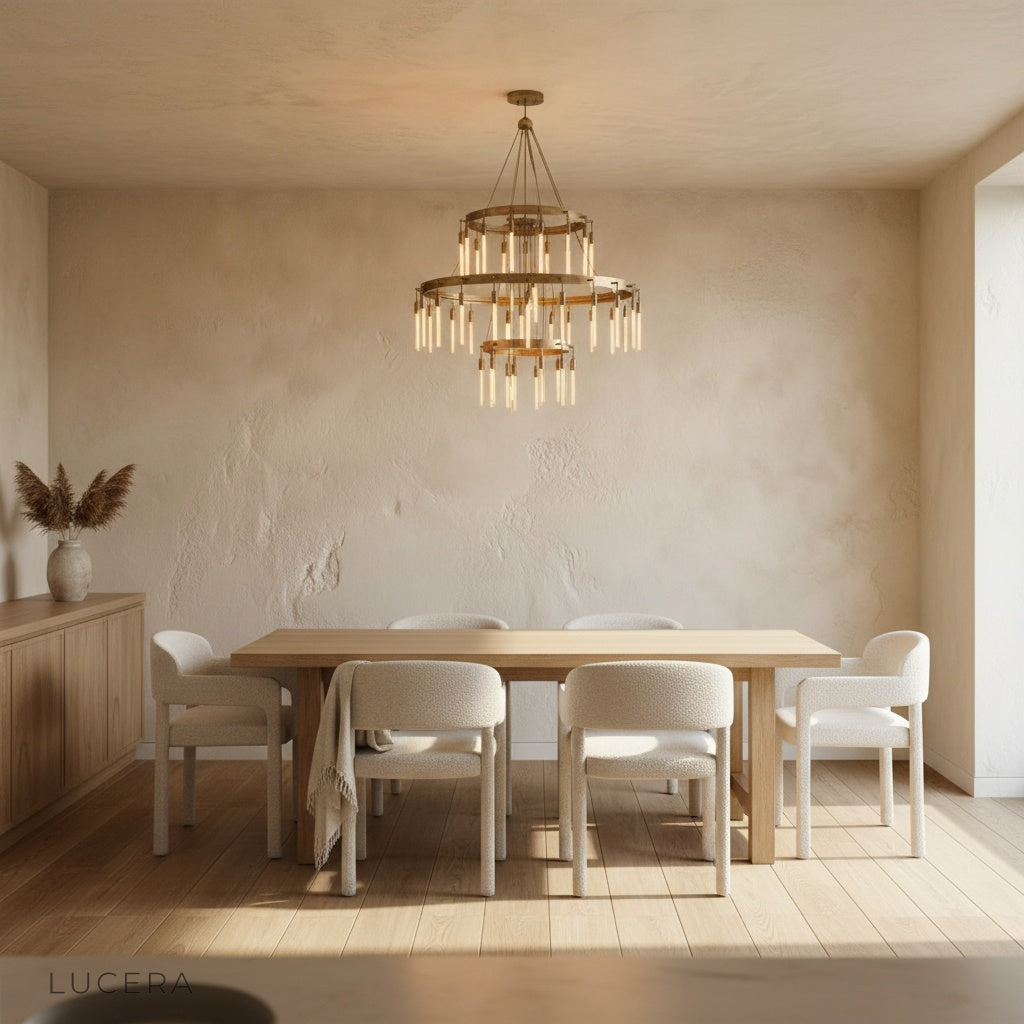 Wreathe round chandelier illuminated at night casting swirling light patterns in entryway