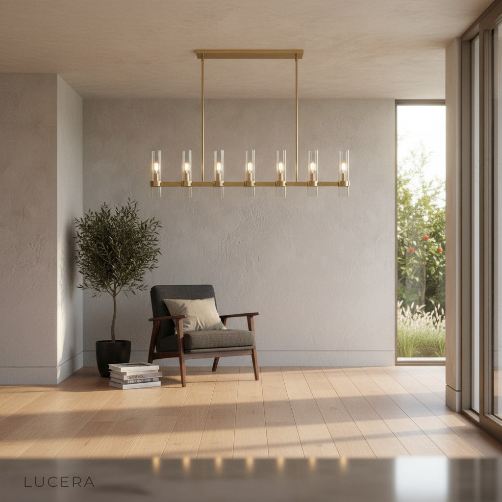 Katarina Candela chandelier in a minimalist studio apartment, adding stylish warmth to the space