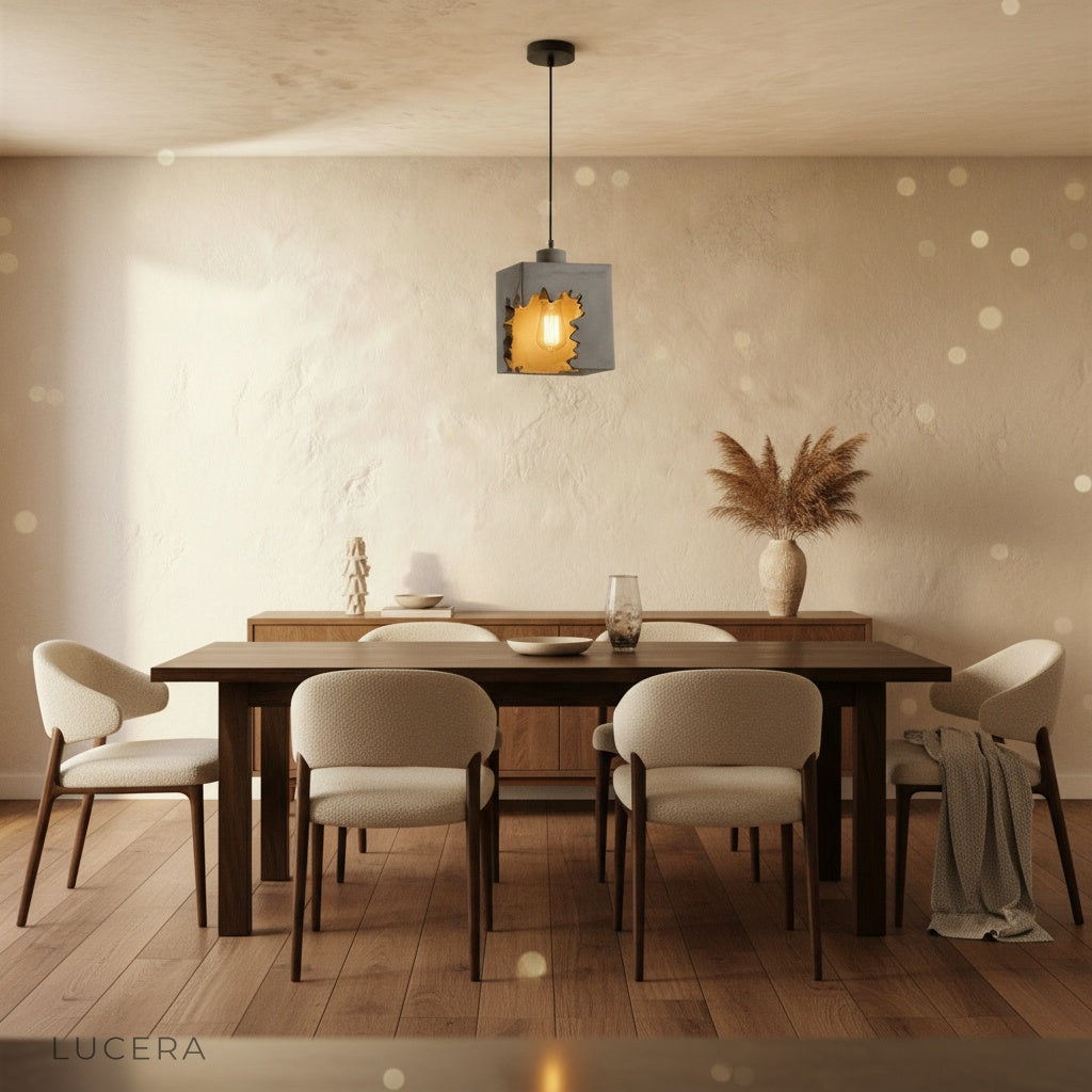 Pair of Enthrall concrete pendant lights hanging above a breakfast bar in contemporary kitchen