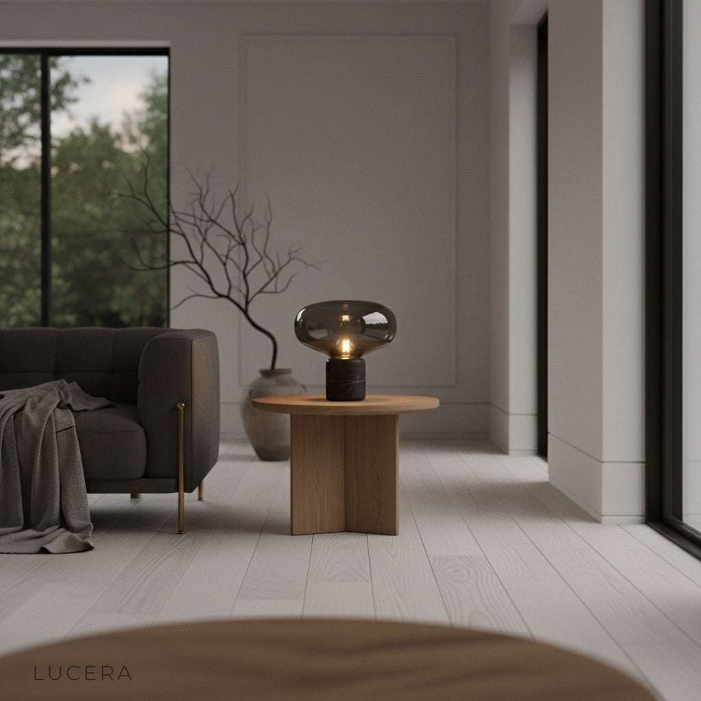 Elegance Table Lamp glowing at dusk on a bedroom dresser, warm ambient light casting gentle shadows on wall