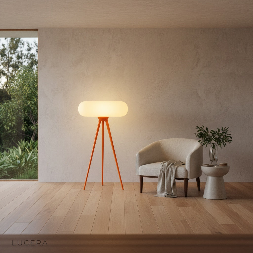 Juncture Floor Lamp glowing warmly in dark corner of minimalist lounge at night