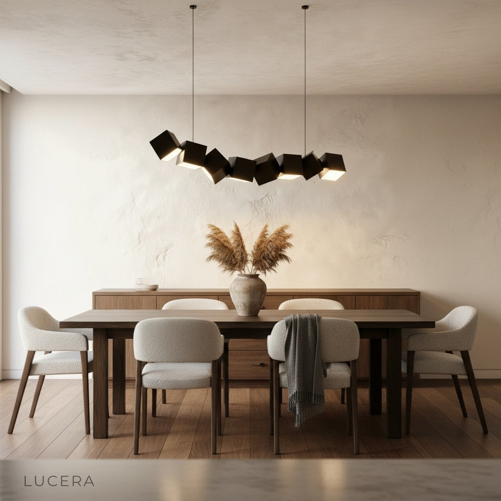 Ypsilon pendant light illuminated at night in minimalist living room setting