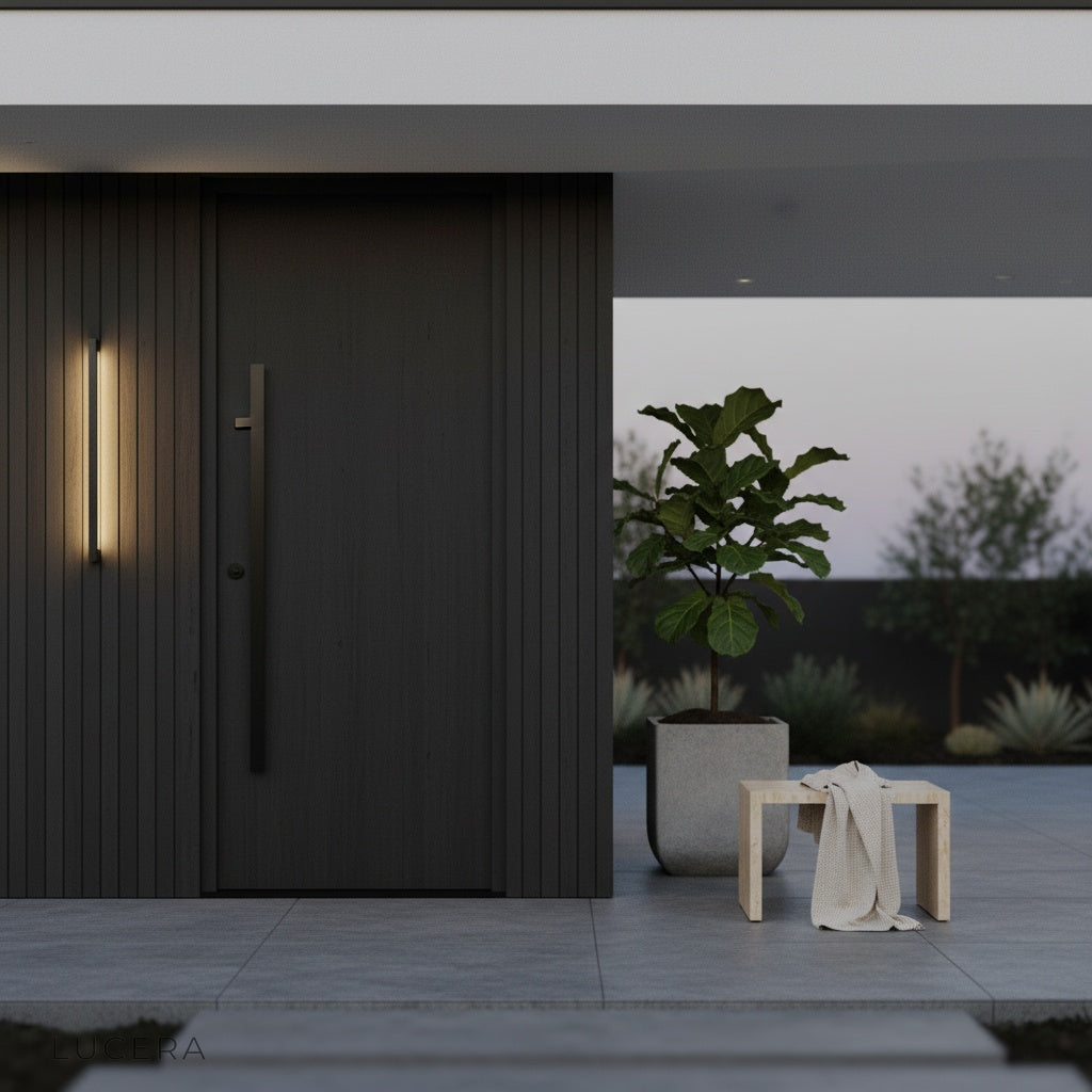 nighttime backyard scene with indigo lamp highlighting textured stucco wall