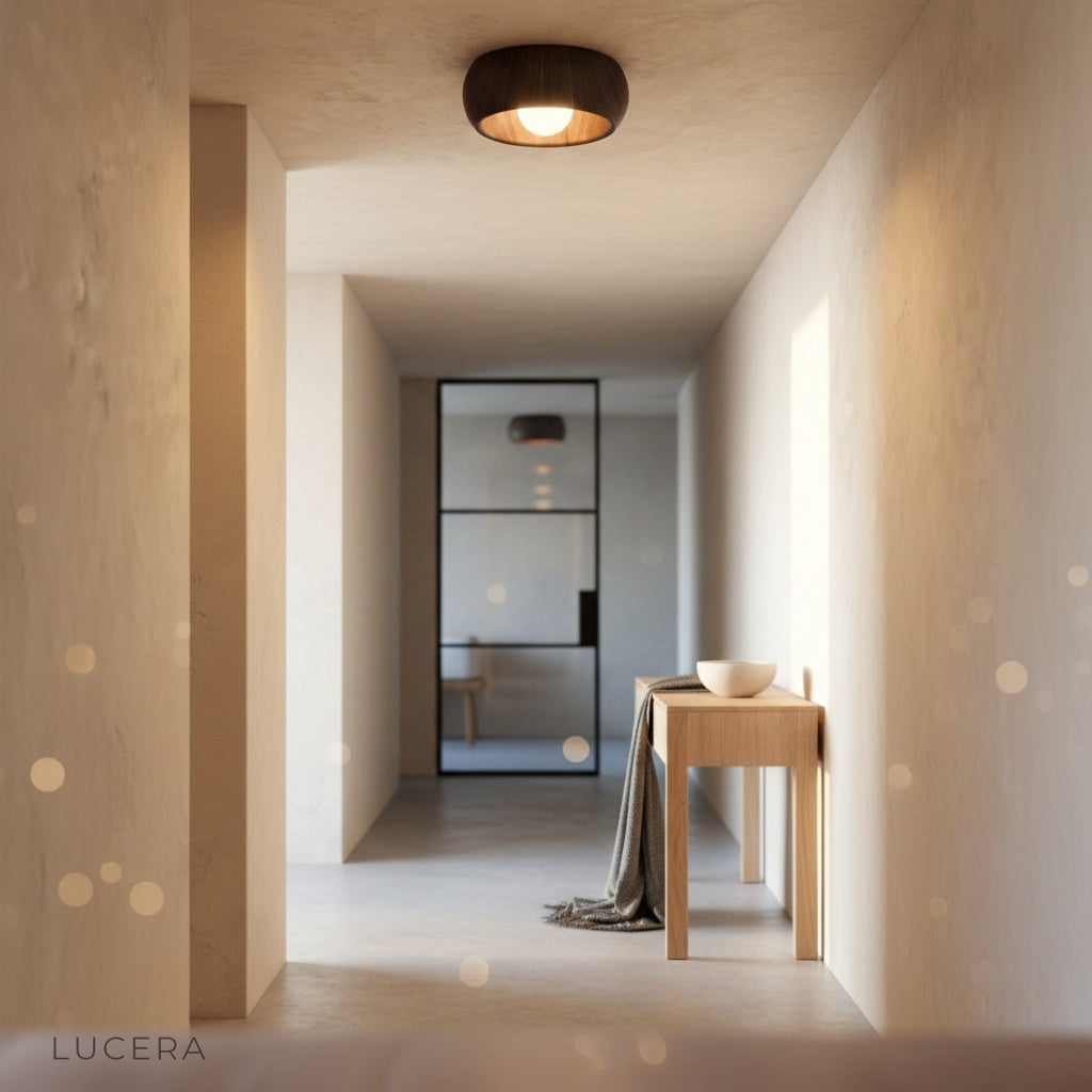 Keen ceiling light above a bedside table in a serene, minimalist interior