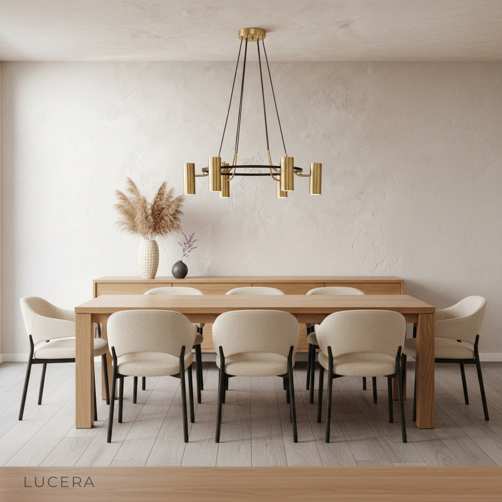 Round chandelier illuminating a cozy dining area with warm ambient light