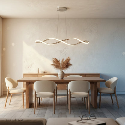 aesthetic evening shot of Damaske chandelier in loft with warm ambient lighting