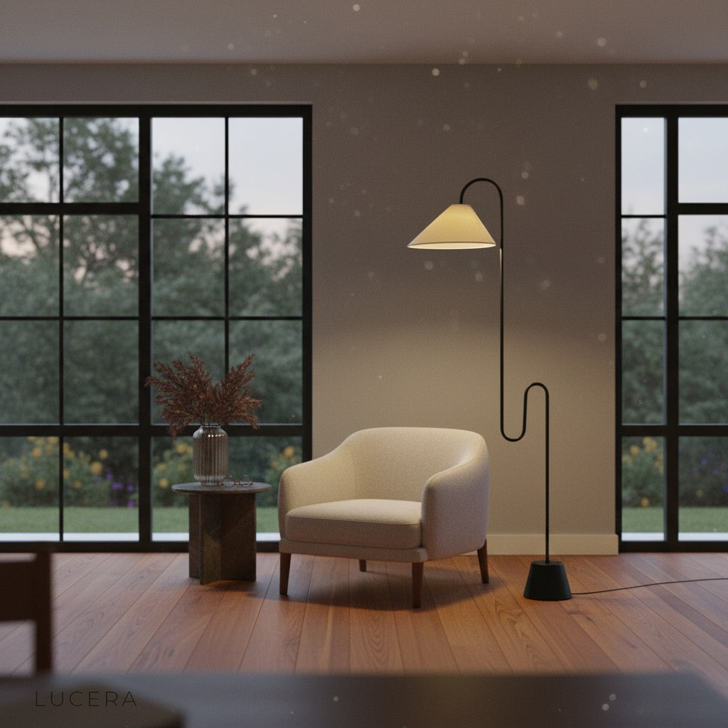 Plaudit Floor Lamp sculptural silhouette beside armchair in stylish lounge