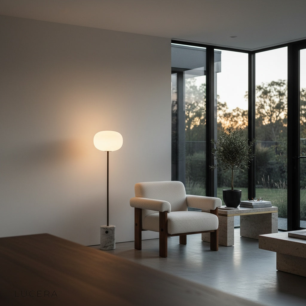 Quentin Floor Lamp silhouette against wall with soft golden halo
