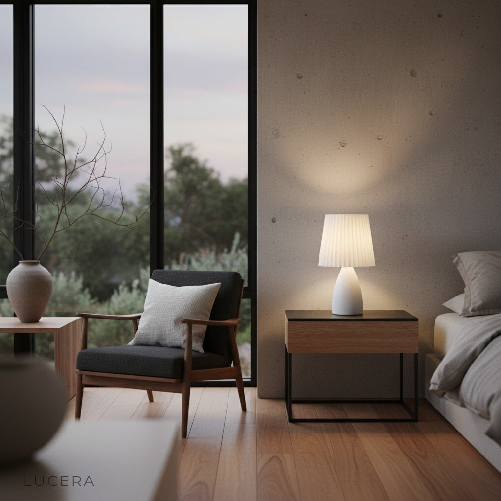 Wistful Table Lamp glowing warm light on wooden shelf in cozy reading nook