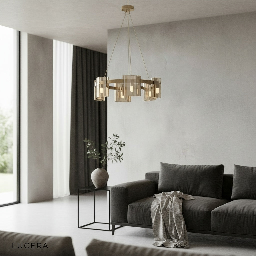 Cardinal Chandelier illuminating a bright living room with ambient glare-free glow