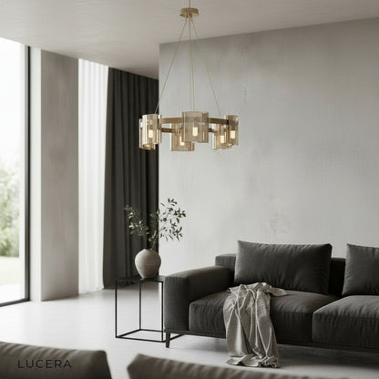 Cardinal Chandelier illuminating a bright living room with ambient glare-free glow
