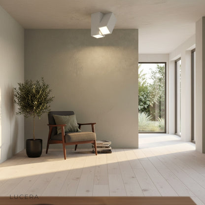 minimalist LED fixture casting cool daylight in staircase area