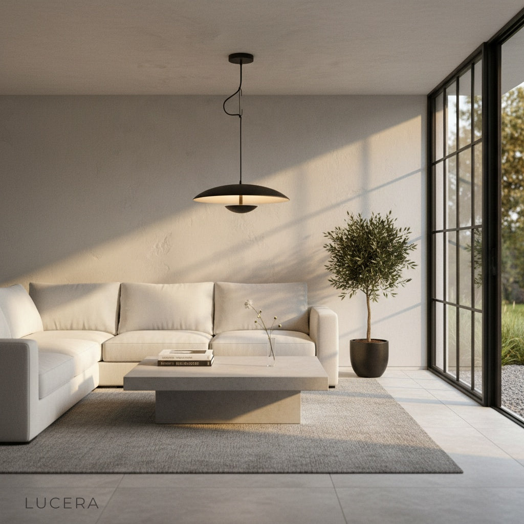 Black Cinder Pendant Light illuminating a cozy reading nook with ambient warm light at night