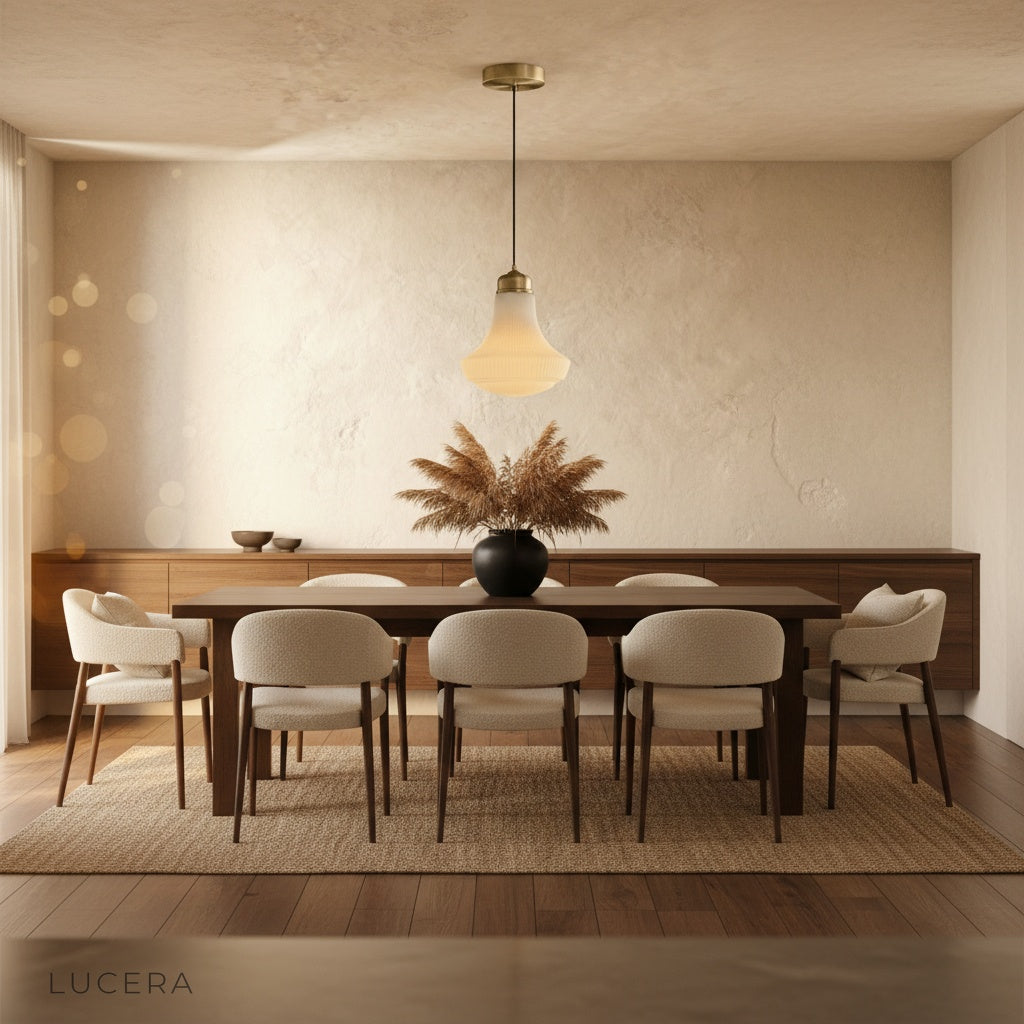 Chianti pendant light at dusk casting shadow patterns across a minimalist living room