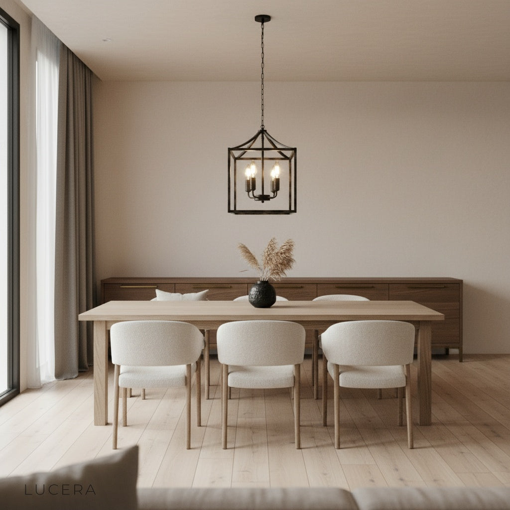 black geometric pendant light illuminating entryway with adjustable cord at dusk