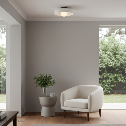 Madder ceiling light in a bathroom with spa-like vibe, warm glow reflecting off tiles, tranquil setting