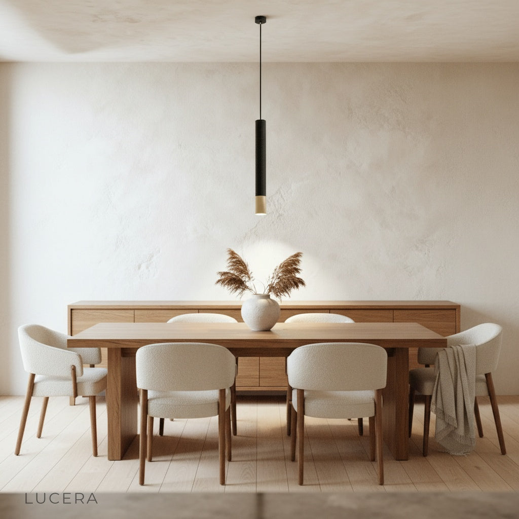 Fascinate pendant light glowing warmly above a wooden dining table in an evening setting