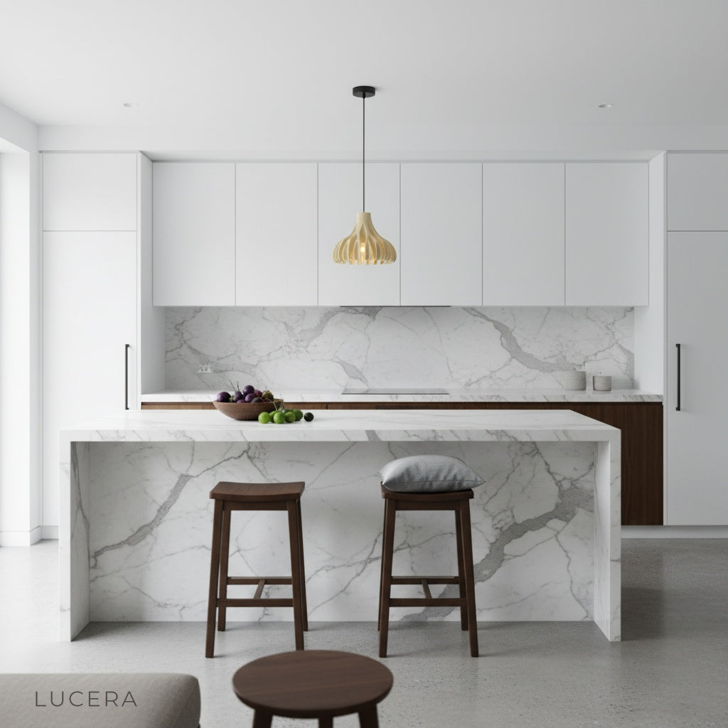 Lucera pendant light in cozy reading nook with warm bulb glow
