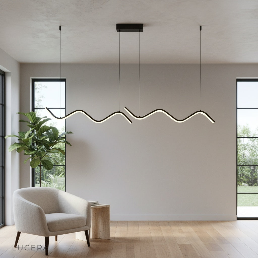 Melisande pendant light glowing warmly in a cozy living room at dusk