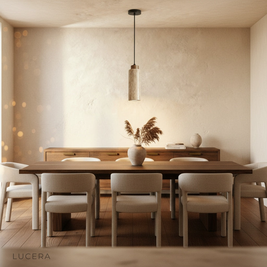Clandestine pendant light casting soft ambient shadows on a plaster wall in a dim, rustic-chic bedroom corner
