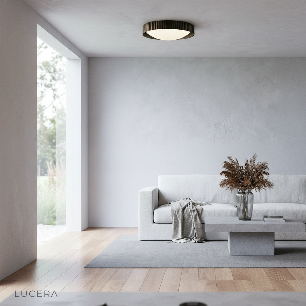 Wafers ceiling light over dining table with contemporary minimalist decor