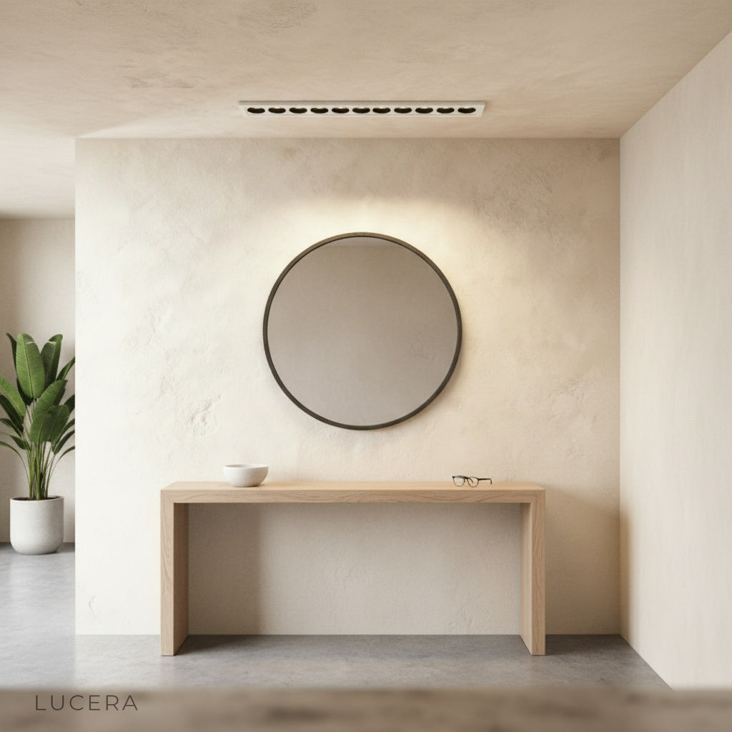 close-up of Knoll downlight deep-set black reflector minimizing glare in bright ceiling