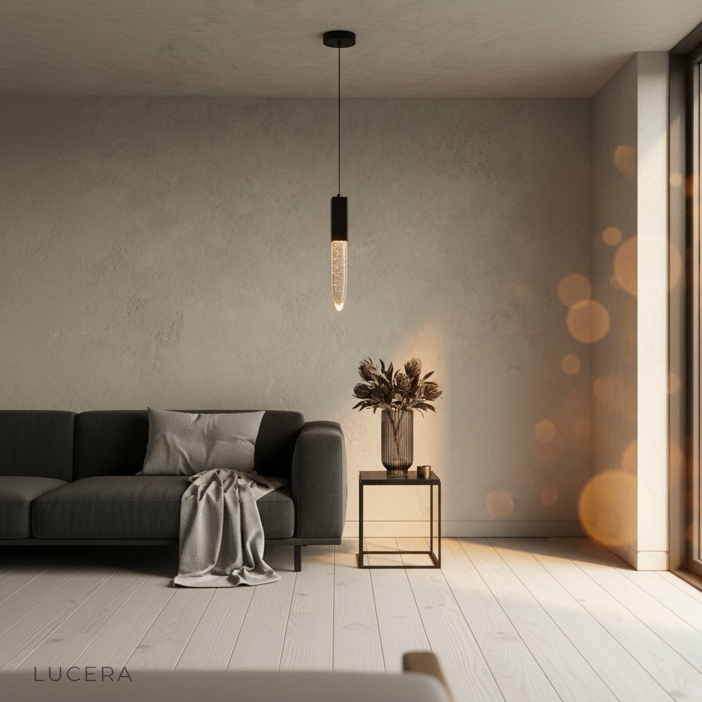 Terra pendant light in dark moody interior with dramatic crystal sparkle effect
