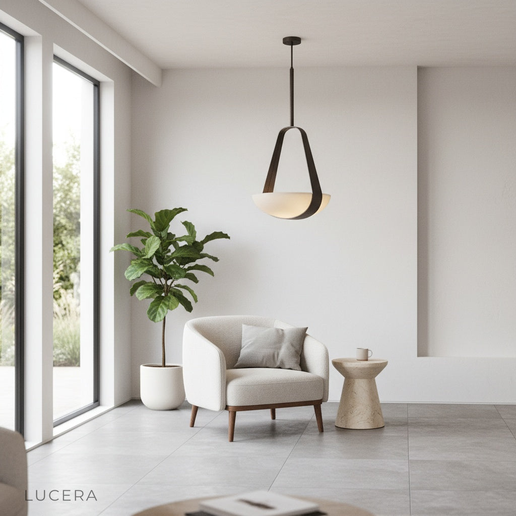 Talus pendant light illuminated at dusk in a minimalist bedroom with soft shadows