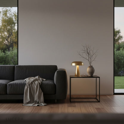 rechargeable Nenia table lamp lit in dark corner of minimalist living room