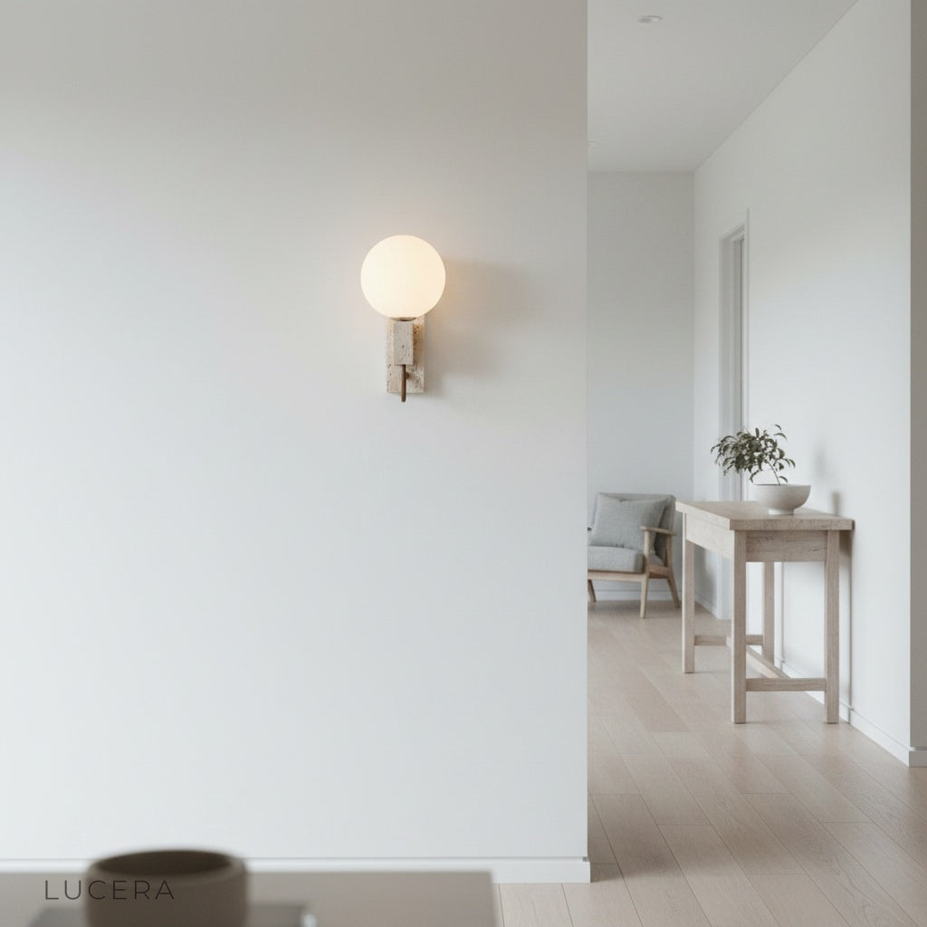 Sole stone wall light casting warm ambient glow beside a bedside in dark room